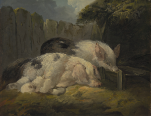 An oil painting of two pigs with piglets in a sty for comparison with the image of a bottle in the form of a pig.