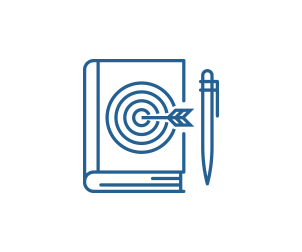 Book with a target on the cover with an arrow in the center and a pen next to the book